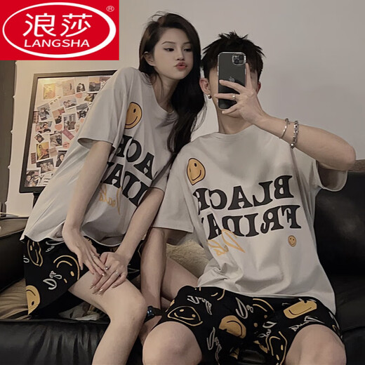 浪莎（LangSha）韩版高级感笑脸情侣睡衣女夏季薄款纯棉家居服男士七夕情人节礼物 灰色笑脸短款袖#692 2XL 男款