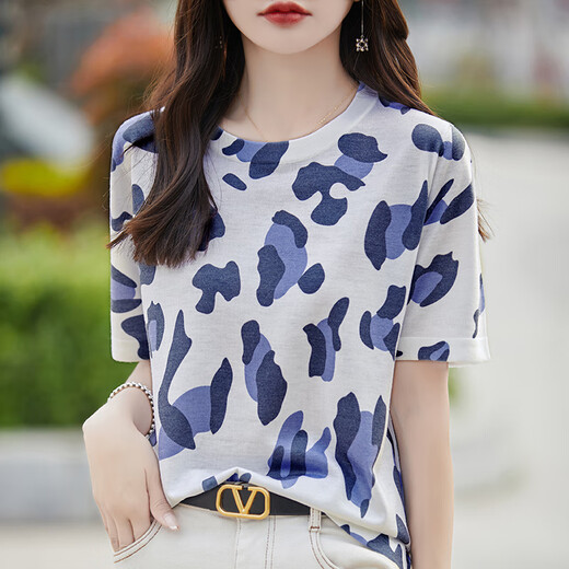 HMRSV Mulberry Silk Kurzärärmelte T-Shirt für Frauen 2025 Sommer Neues lässiges und modisches Design Cool MA Family Printed Top Trendy Muster Print 831 (0156) l