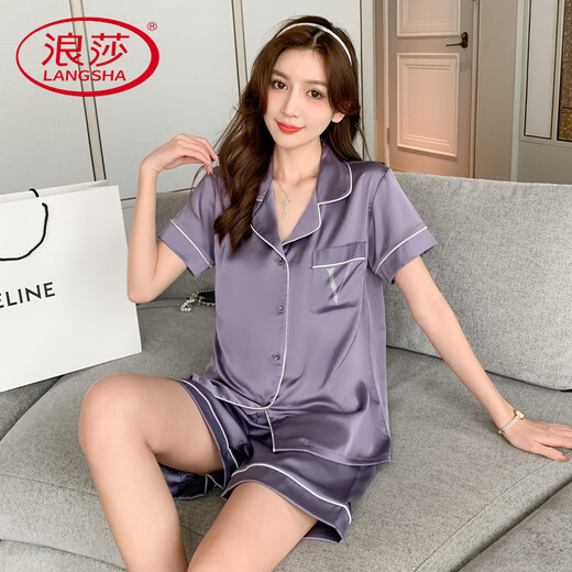 浪莎（LangSha）轻奢高档短袖短裤睡衣女式高端冰丝新款夏天纯色真绸缎套装薄款休 3899浅灰 M (体重85到99)