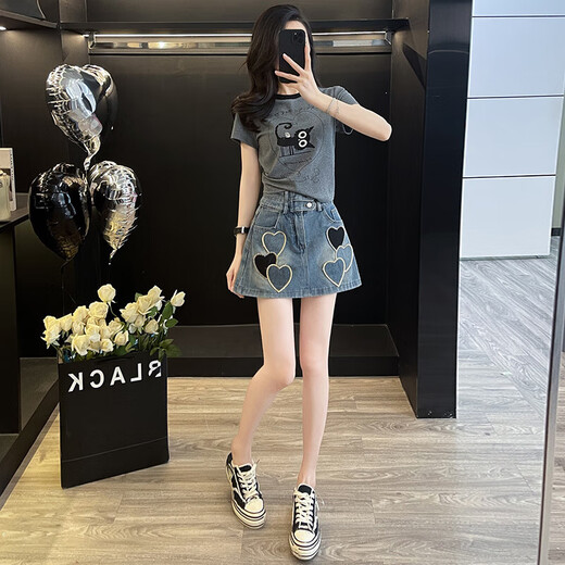 Kaizitu Kaizitu Sommer Neuer Frauenanzug kleine Tragen eine komplette Reihe modischer altersreduzierender Denim-Shorts 2957 Dunkelgraue Kleidung + 7022 gestickte Röcke m