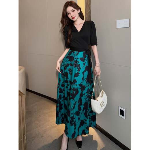 悉弗碎花裹身裙弹力显瘦长款V领一片式牛奶女士聚会绑带连衣裙长裙 3291紫色 S