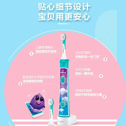 Philips Children's Electric Toothbrush HX6322/6340/6320 Sonic Smart 6-12 Years Old Soft-bristled Gum Protecting Universal Brush Head HX6322 Blue Children's Electric Toothbrush Original Box