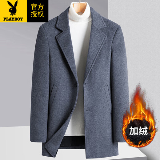 Playboy (PLAYBOY) Woolen Coat Men's Autumn and Winter New Thick Youth Short Plus Velvet Business Casual Woolen Woolen Woolen Coat for Men Black Cotton XL