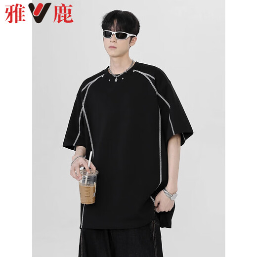 
Yalu American deconstruction splicing high street heavy short-sleeved T-shirt men's summer loose half-sleeved loose trendy brand five-point teenager 1421 black [high quality 18] XL 125-140Jin [Jin equals 0.5 kg]