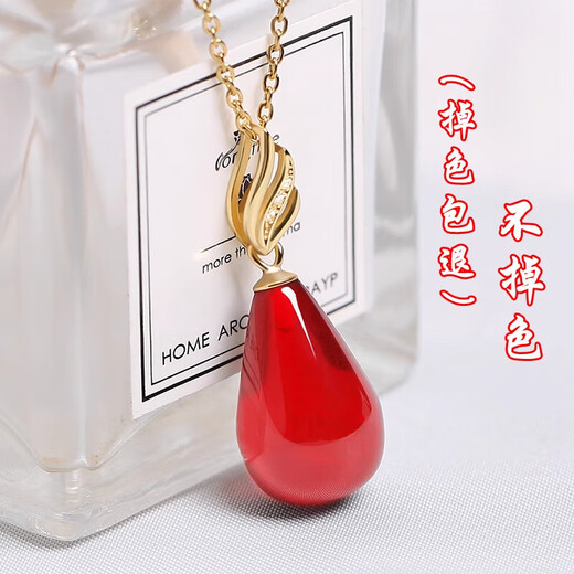 Fat Donglai's same style 2025 new beeswax pendant wine red blood amber drop-shaped clavicle chain women's silver necklace necklace chicken fat yellow beeswax drop + clavicle chain
