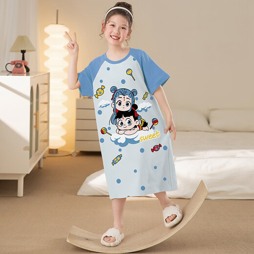 亲子母女睡裙夏季纯棉短袖薄款女童睡衣中大童女孩夏天儿童家居服 B1289哪吒敖丙【100纯棉睡裙】 均码 建议143cm65斤内【16码】