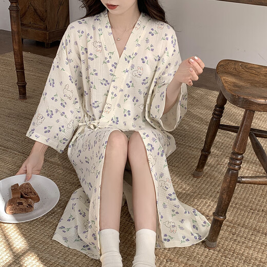 Bei Yifu nightgown spring and autumn women's pure cotton gauze peach summer bathrobe Japanese kimono yukata women's nightgown summer pajamas QKM671# purple flower XL