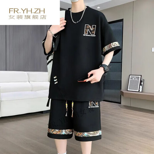 FR.YH.ZH凌越男装店2025夏季休闲运动套装男士百搭两件套 SI23黑色(YYW6195)ER5SI L(110-130斤)