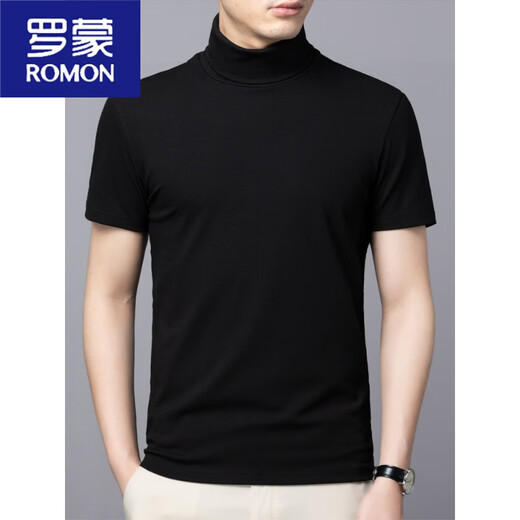 ROMON high collar short-sleeved men's T-shirt slim new men's bottoming shirt solid color summer thin lapel half-sleeved trendy black XL suitable (100-130Jin Jin equals 0.5 kg)