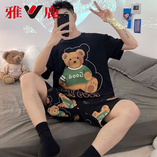 雅鹿男士睡衣夏季纯棉短袖学生睡衣男夏天全棉薄款大码宽松套装家居服 XY1390 L 标准 高168-173 重100-125斤