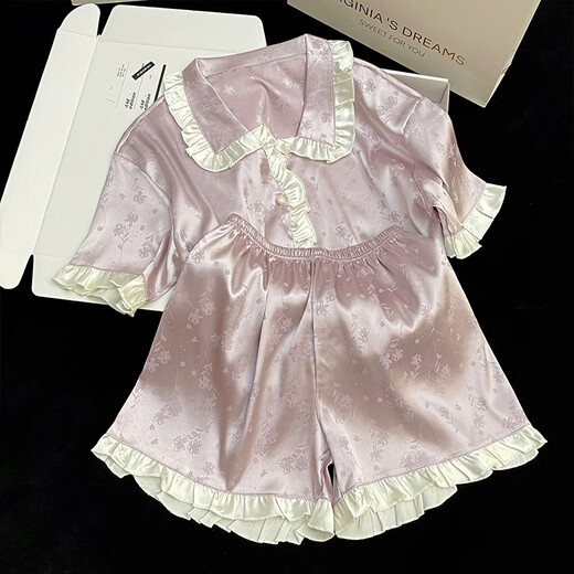 Victorian style princess style pajamas for women in summer ice silk short-sleeved home clothes set silk thin style palace style sexy and sweet YX9214 M women recommended to weigh 80-100 Jin [Jin equals 0.5 kg]