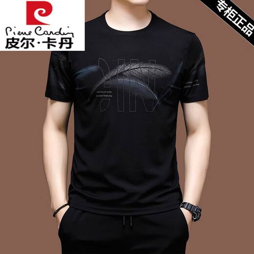 皮尔卡丹（pierre cardin）夏季短袖t恤男士冰丝半袖夏装卫衣丝光棉刺绣宽松中年上衣服T恤潮 X733黑色 M 165【建议100-120斤】