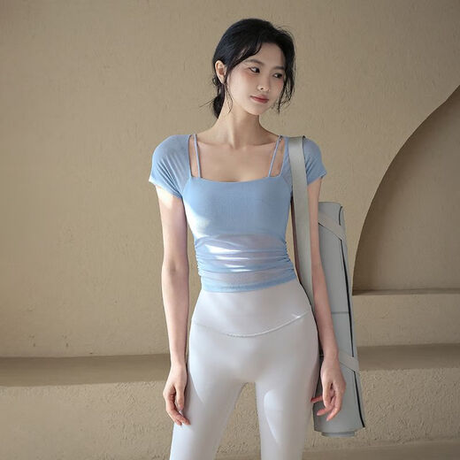 ACKDCS假两件瑜伽服短袖上衣女2025夏季新款带胸垫修身显瘦运动健身T恤