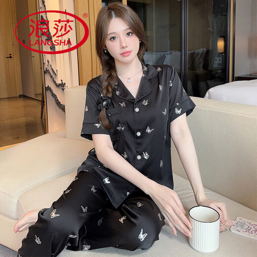 
LangSha pajamas for women in summer thin cool ice silk short-sleeved trousers ins wind high-value butterfly printed home clothing set YFY-9905 [short-sleeved trousers] M [recommended 80-100 Jin [Jin equals 0.5 kg]]
