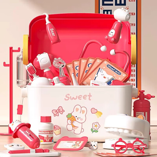 Kinderkinder Arzt spielt Haus Spielzeugset Mädchen Stethoskop Medizinische Box Krankenschwester spielt Injektion Babybären Doktor Spielzeug 45 Set-Pink