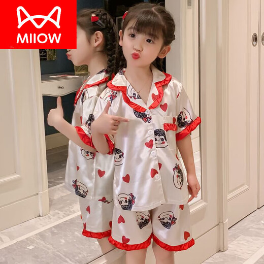 猫人（MiiOW）儿童睡衣女童夏季薄款冰蚕丝短袖中大童女孩宝宝亲子家居服套 1047小熊 短.袖短.裤 M 14码 123-133C 50斤左右