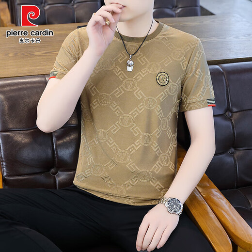皮尔卡丹冰丝短袖T恤男士夏季修身半袖速干体恤薄款加大码潮流帅气上衣服 DX869V字-卡其色 L