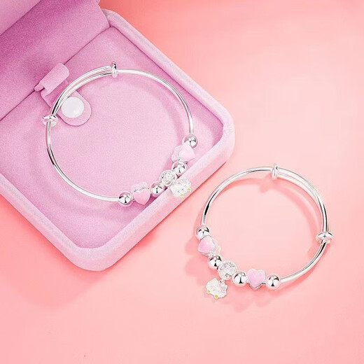 
KZDhello kitty 999 sterling silver foot silver bracelet female student bracelet cute kidie cat love gift women kitty lucky parent-child bracelet [children style] Z166 gift box same style