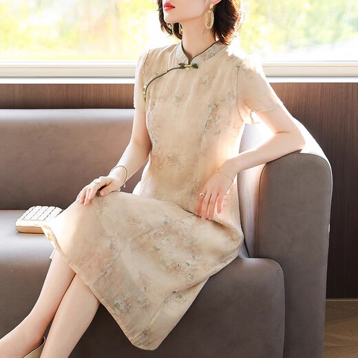 登森图旗袍中国风40岁穿中年妇女妈妈装母亲节新中式妈妈夏装雪纺连衣裙 867红咖色 L (建议85至100斤)