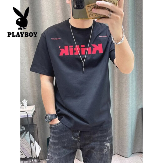 Playboy (PLAYBOY) short-sleeved t-shirt for men 2025 summer new cotton letter print men's casual tops youth men's clothing trend black 1416 S 80-95Jin Jin equals 0.5 kg