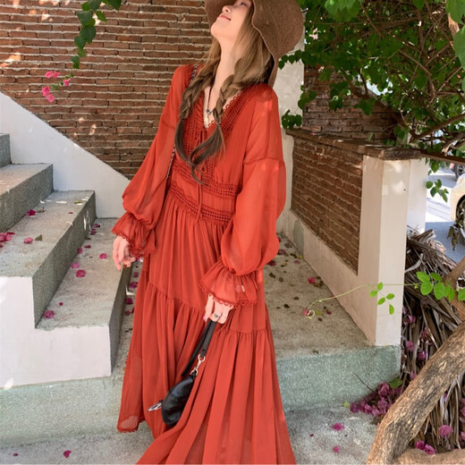 Delia's large size French retro deep V strapping dress waist lace long skirt long sleeves slim red tea skirt 3527 Loulan girls long skirt L big