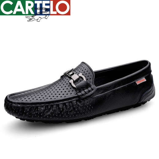 CARTELO men's shoes hollow bean shoes men's 2025 summer new style breathable soft leather soft sole casual leather shoes 9905 black 39
