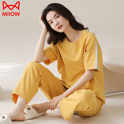 Cat Man (Miiow) Pajamas de algodón puro para mujeres en pantalones de manga corta de verano, cuello redondo de dibujos animados coreanos de dibujos animados de dibujos animados coreanos puede usar traje de ropa para el hogar Z9711 m (155-160 cm, 80-100Jin [Jin equivale a 0.5 kg])