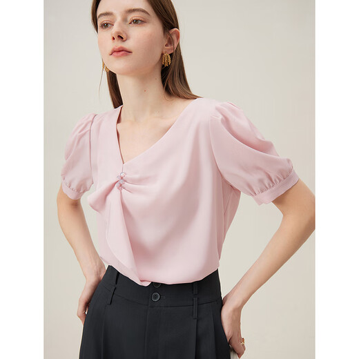 Fan Silan French Ruffled V-Neck Shirt for Women in Summ Design Niche Curliter Commuter Top 12187 Bouquet Powder XS