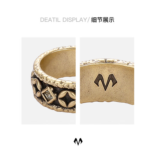 BABAMA Wuxing Series Rich Flower Double Flower Ring Men's Retro Old Copper Plated Platinum Ring Couple's Same Style Birthday Gift Ancient Gold Men's Style 59mm