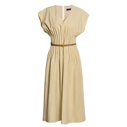 ROEYSHOUSE罗衣知性卡其色V领连衣裙女2025夏季新款休闲大摆显瘦中长裙12149 卡其色 XL