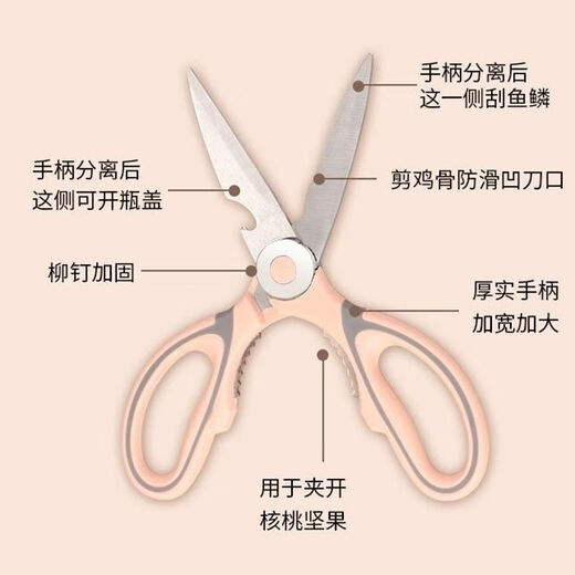 多功能锋利家用厨房剪刀强力食物鸡骨熊猫不锈钢多用剪肉剪子专用 【加厚】粉色厨用剪+剪鞘