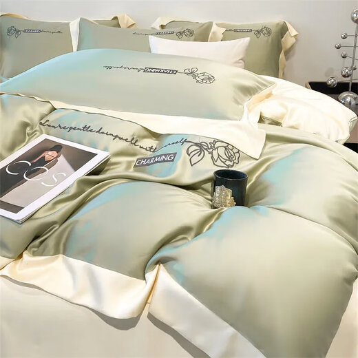 喆炜小清新夏季水洗冰丝床单四件套丝滑裸睡被套床上用品床笠SN7371 罗伊莎奶昔白-风铃兰 0.9宿舍床三件套被套150*200 床单款 '