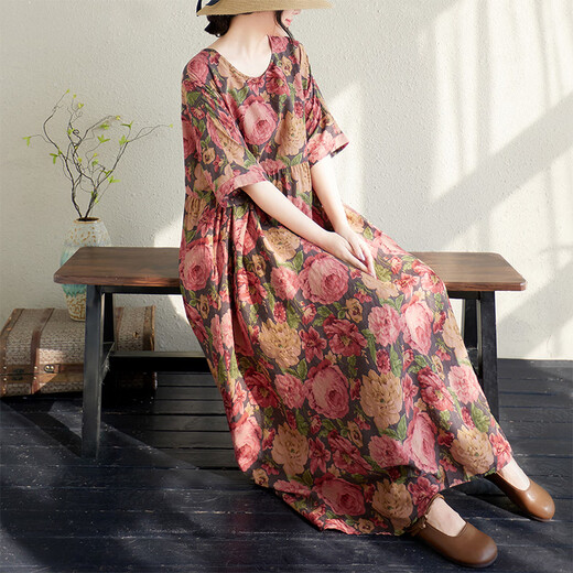 Jiandang grande taille Vêtements pour femmes Fat MM printemps et été rond des fleurs littéraires Bohemian Style de vacances robe longue 16834 Fleurs roses uniques [200jin [Jin est égal à 0,5 kg] ci-dessous]