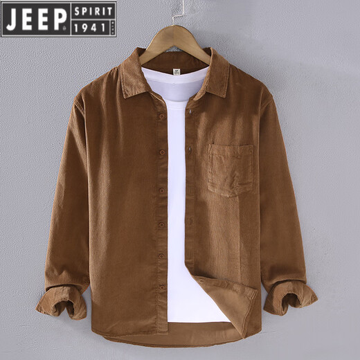 JEEP SPIRIT春季灯芯绒衬衫男长袖纯棉宽松薄款日系条绒感白休闲衬衣外套 姜黄色【9716】 M