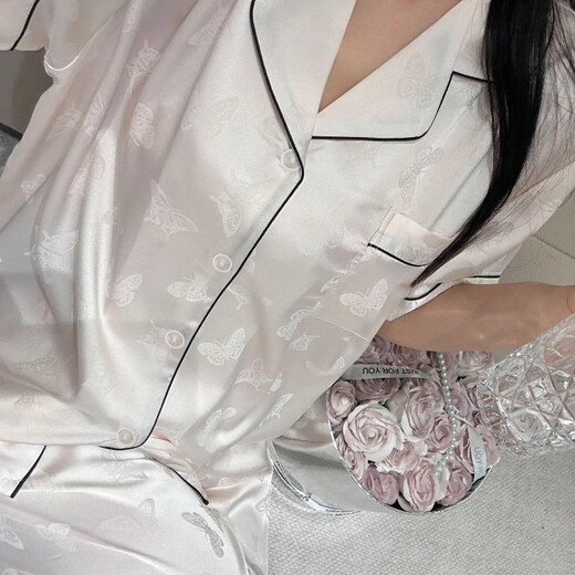 莫代尔气质ins淑女风夏季冰丝睡衣女款短袖长裤纹理感蝴蝶高级感家居服 套YFY9905【面料】 M (建议80-100斤)