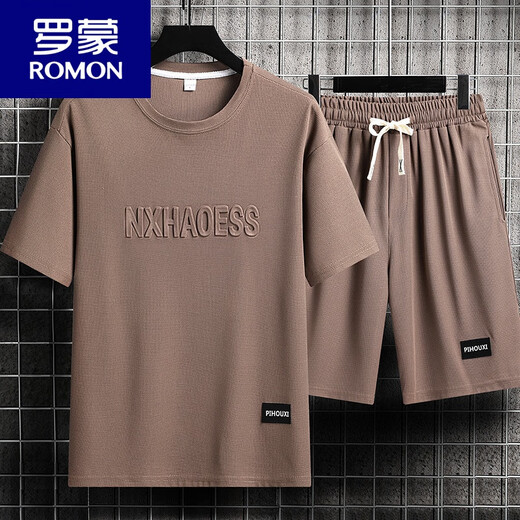 罗蒙（ROMON）休闲运动套装男夏季潮牌冰丝t恤薄款短裤大码短袖帅气搭配两件套 套装-TZ829卡其【上衣+裤子】 M 建议90-110斤