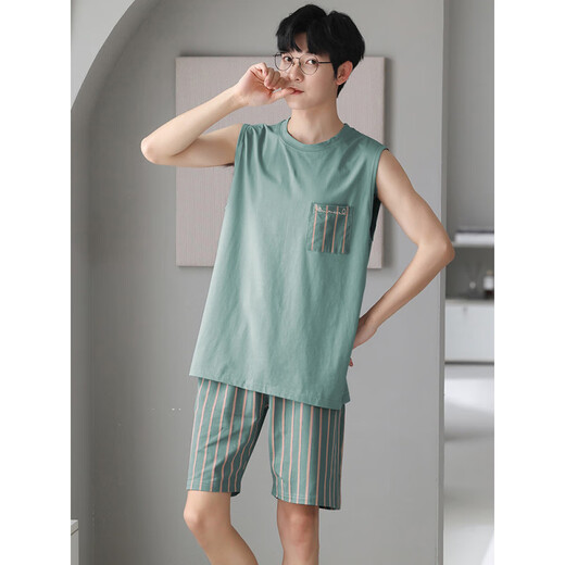 Langsha Pyjamas Herren Sommer Baumwollweste ärmellose Shorts locker plus großer Casual Style Thin Home Clothing Set NJR-LX12027 Blau gestreifte Hosen runden Hals Pullover 3xl [Sammlung und Kauf, Prioritätsablieferung]
