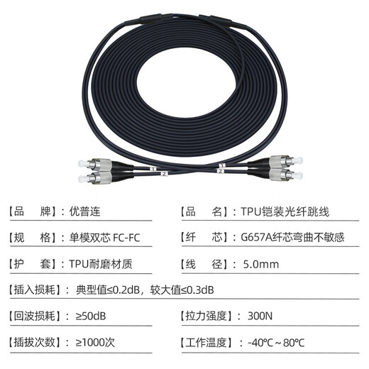 优普连 耐磨TPU铠装野战光纤跳线SC/FC/LC单模双芯光缆2芯/4/6/八芯超柔软室外光纤线 5.0MM野战铠装单模双芯FC-FC 300米