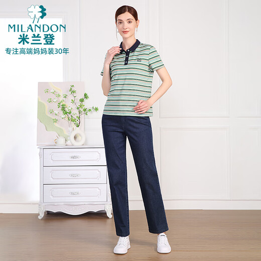 米兰登（MILANDON）2025夏季新款中老年女装妈妈装翻领条纹短袖针织t恤衫女3Q2T1105X 绿条 XL