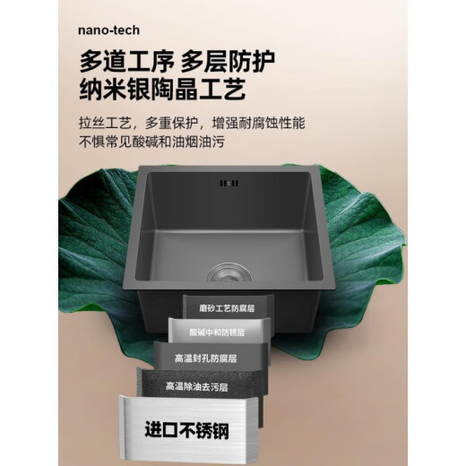欧琳（OULIN）枪灰色纳米吧台水槽单槽小尺寸手工槽304不锈钢西厨房洗菜盆 枪灰4840/配黄铜三功能抽拉龙头