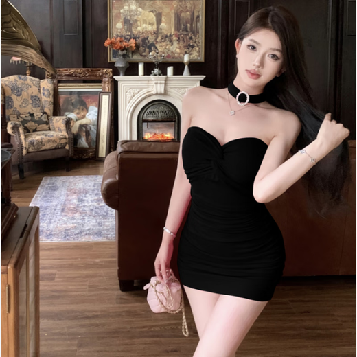 Dienis discothèque pure luxure bombasse sexy une épaule tube top robe pour les femmes été serré minceur jupe de hanche français court noir M