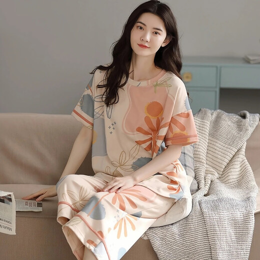 莫代尔睡衣女夏季2025年新款短袖七分裤套装夏天中年妈妈宽松女士家居服 短袖七分裤-679 M 建议80-100斤