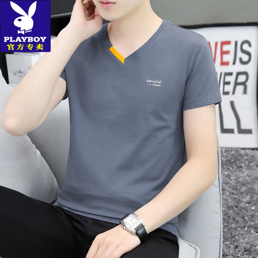 Playboy Summer New Men's Pure Cotton V Neck Half mandeve T-shirt Trendy Casual Small Letter Imprimer Collier de coeur de poulet Collier à manches courtes 691 Bleu et gris 2xl 135-150Jin [Jin est égal à 0,5 kg]