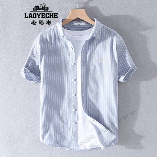 老爷车（LAOYECHE）仁本纯棉条纹短袖衬衫男薄款日系休闲白色潮商务上班男士衬衣 黑色  纯棉有口袋(YY9740) 3XL 78-98公斤体重