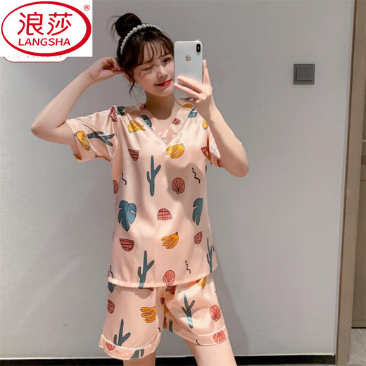浪莎（LangSha）2025新款睡衣女夏季冰丝短袖薄款休闲韩版卡通甜美两件套可爱 826#绿条小黄鸭 XL 【115-130斤】