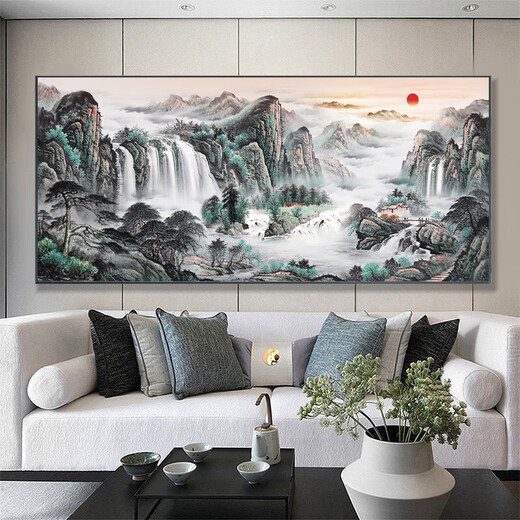 花乐集新中式山水画客厅挂画背景墙装饰画中堂壁画风景画国画办公室字画 CT-878【家和万事兴】 140*60cm 加厚拉丝铝合金边框+防