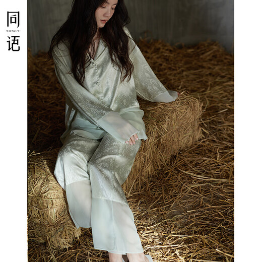 同语年新款冰雪丝睡衣女春夏季长袖宽松可外穿女士家居服套装 女士-S3880 XL 170（身高168-175cm，体重12