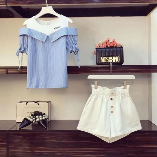 Opeodly Single/Gran tamaño Summer Summer NUEVO estilo de estilo Ade. Reductor de edad de altura que se acumula altas con la cintura alta de las piernas anchas altas de dos piezas 684 Top de rayas azules (pieza única) L Recomendado 103-120Jin [Jin iguala 0.5 kg]
