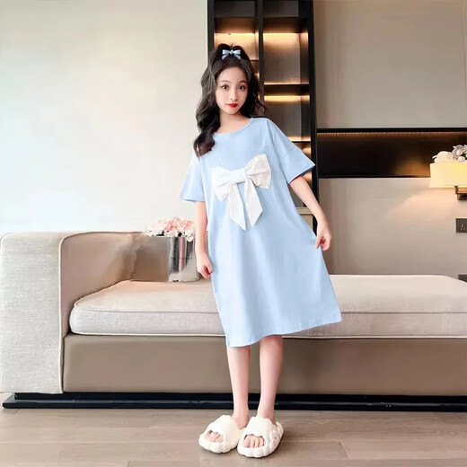 莫代尔女童夏季冰丝睡裙公主风短袖薄款睡衣中大童女孩初中生宽松家居服 753 粉色短袖大蝴蝶结裙 160 cm 建议150-160cm10-12岁
