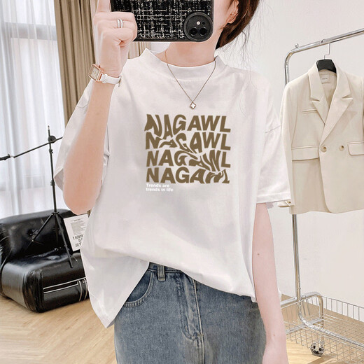 慧奴比纯棉百搭显瘦T恤女短袖2025新款夏季时尚时髦半高领打底上衣ins潮 白色1278-蓝 S 适合90-110斤